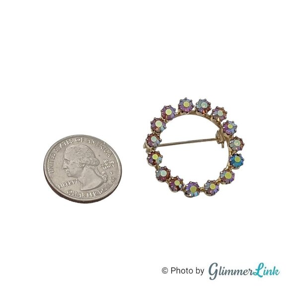 Vintage Aurora Borealis AB Rhinestones Infinity Circle Wreath Gold Tone Brooch - Picture 7 of 9
